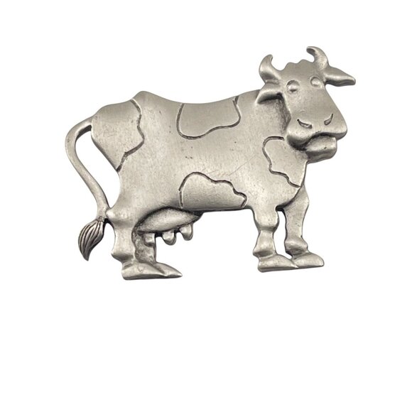 Vintage JJ Jonette 1988 Matte Pewter Cow Pin Brooch - Picture 2 of 5